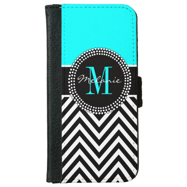 Elegant Aqua and Black Chevron Monogrammed iPhone Wallet Case (Front)