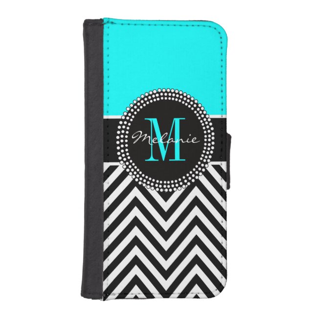 Elegant Aqua and Black Chevron Monogrammed iPhone Wallet Case (Front)