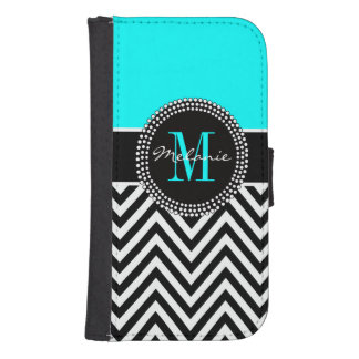 Elegant Aqua and Black Chevron Monogrammed Wallet Phone Case For Samsung Galaxy S4