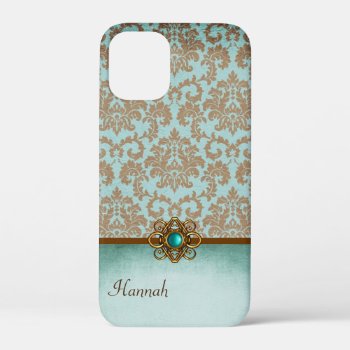 Elegant Aqua And Brown Damask Iphone 12 Mini Case by Hannahscloset at Zazzle