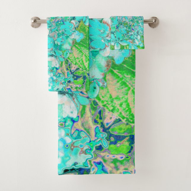 Elegant Aqua and Green Limelight Hydrangea Detail Bath Towel Set (Insitu)
