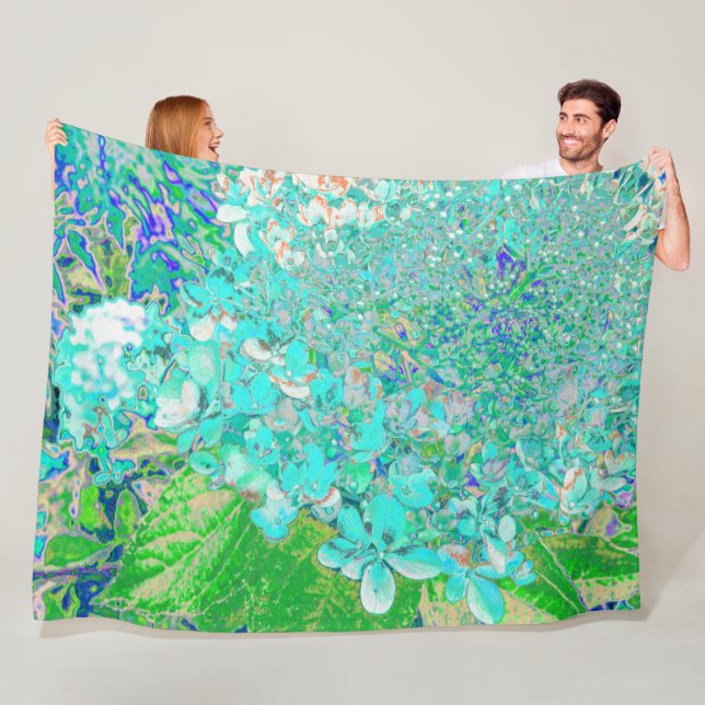 Elegant Aqua and Green Limelight Hydrangea Detail Fleece Blanket (In Situ)