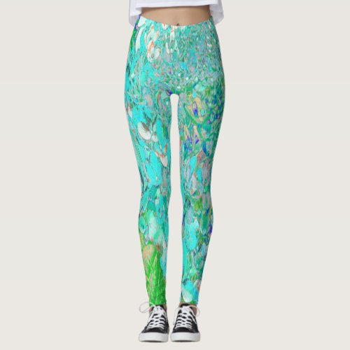 Elegant Aqua and Green Limelight Hydrangea Detail Leggings