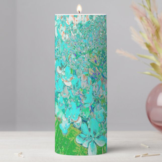 Elegant Aqua and Green Limelight Hydrangea Detail Pillar Candle (In Situ)