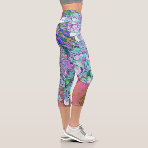 Elegant Aqua and Purple Limelight Hydrangea Detail Capri Leggings