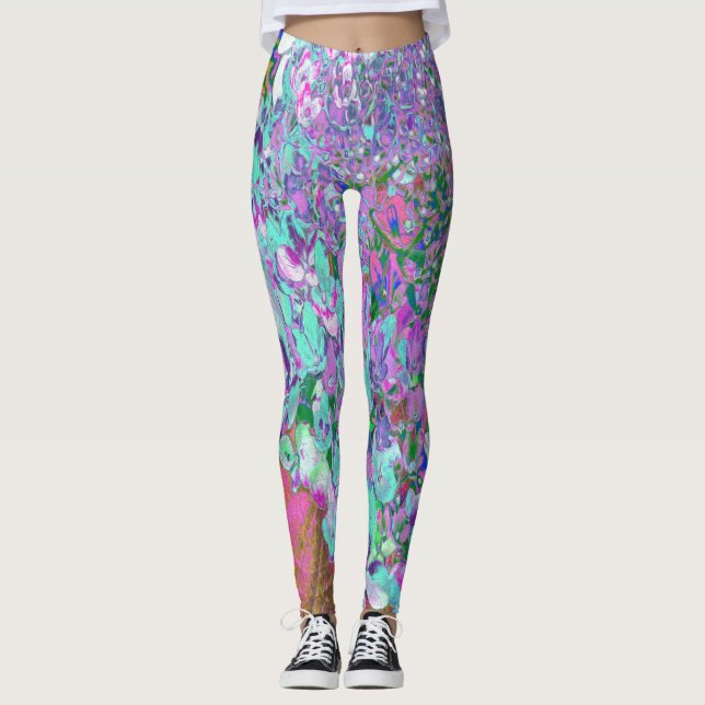 Elegant Aqua and Purple Limelight Hydrangea Detail Leggings (Front)