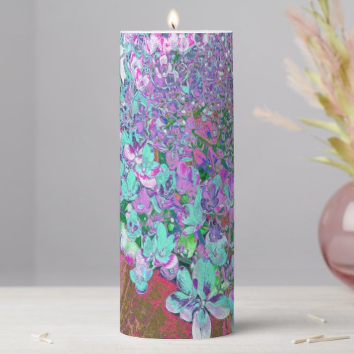 Elegant Aqua and Purple Limelight Hydrangea Detail Pillar Candle