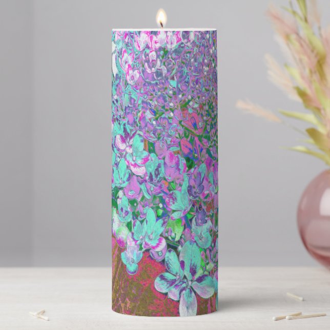 Elegant Aqua and Purple Limelight Hydrangea Detail Pillar Candle (In Situ)