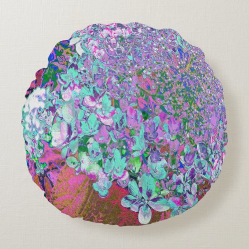 Elegant Aqua and Purple Limelight Hydrangea Detail Round Pillow