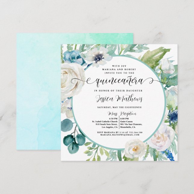 Elegant Aqua and Turquoise Teal Floral Quinceañera Invitation (Front/Back)