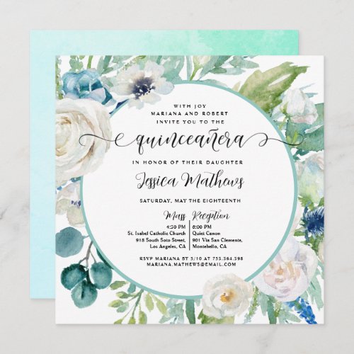 Elegant Aqua and Turquoise Teal Floral Quinceaera Invitation