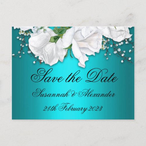 Elegant Aqua and White Rose Bouquet Save the Date