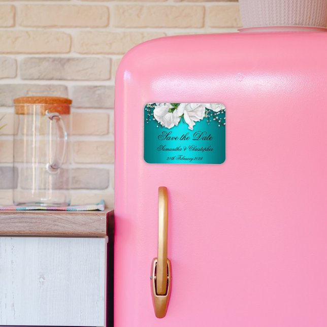 Elegant Aqua and White Roses Wedding Save the Date Magnet (Creator Uploaded)