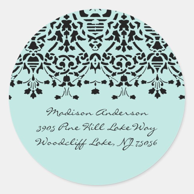 Elegant Aqua & Black Damask Address Label Sticker (Front)