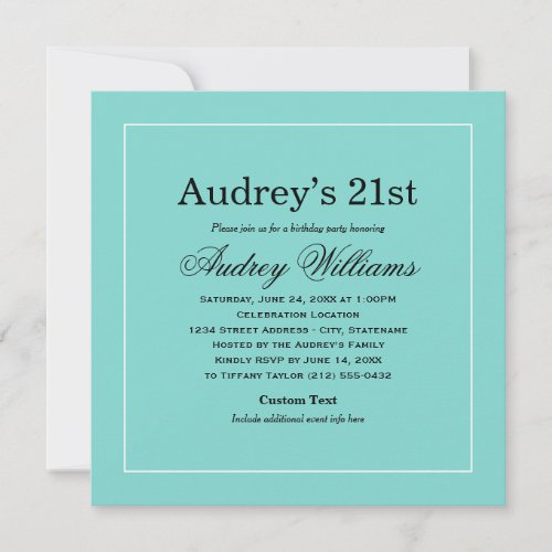 Elegant Aqua Blue 21st Birthday Party Invitation