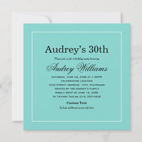 Elegant Aqua Blue 30th Birthday Party Invitation