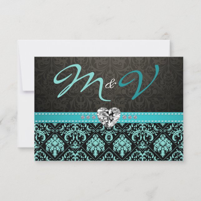 Elegant Aqua Blue and Black Damask with Diamonds RSVP Card (Front)