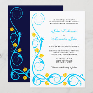 Elegant Aqua Blue and Yellow Swirls Invitation