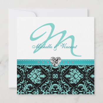 Elegant Aqua Blue / Black Damask Monogram Invites by weddingsNthings at Zazzle