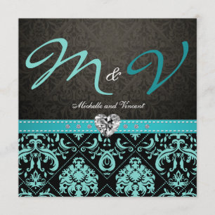 Elegant Aqua Blue / Black Damask Wedding Invites