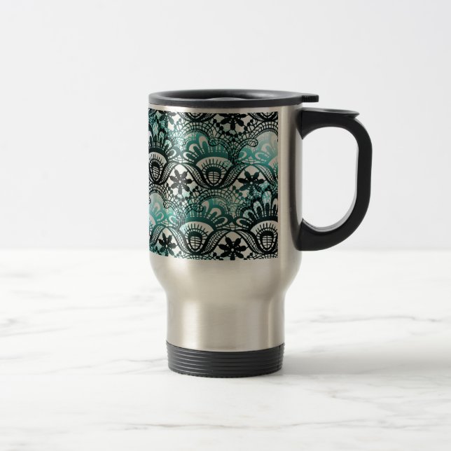 Elegant Aqua Blue Black Faded Distressed Damask La Travel Mug (Right)