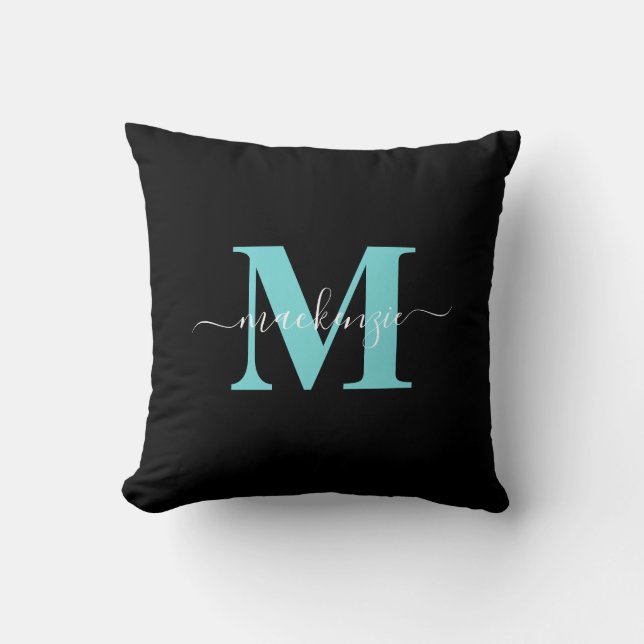 Elegant Aqua Blue Black Monogram Name Throw Pillow (Front)