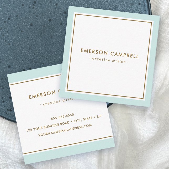 Elegant aqua blue border minimal professional square business card (Creator Uploaded)