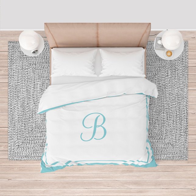 Elegant Aqua Blue Border Script King Duvet Cover (Creator Uploaded)