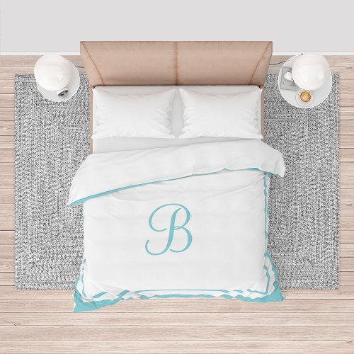 Elegant Aqua Blue Border Script Monogram King Duvet Cover