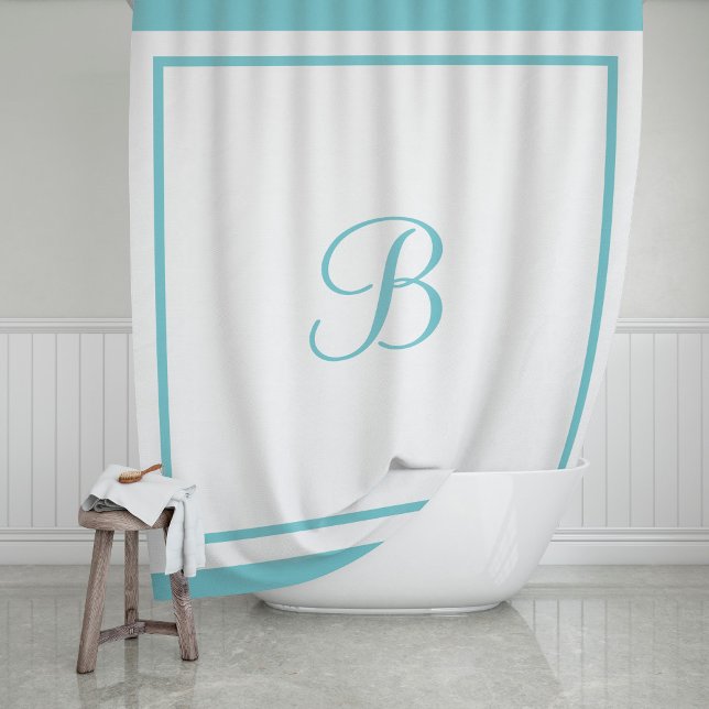 Elegant Aqua Blue Border Script Monogram Letter Shower Curtain (Creator Uploaded)