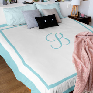 Elegant Aqua Blue Border Script Monogram Queen Duvet Cover