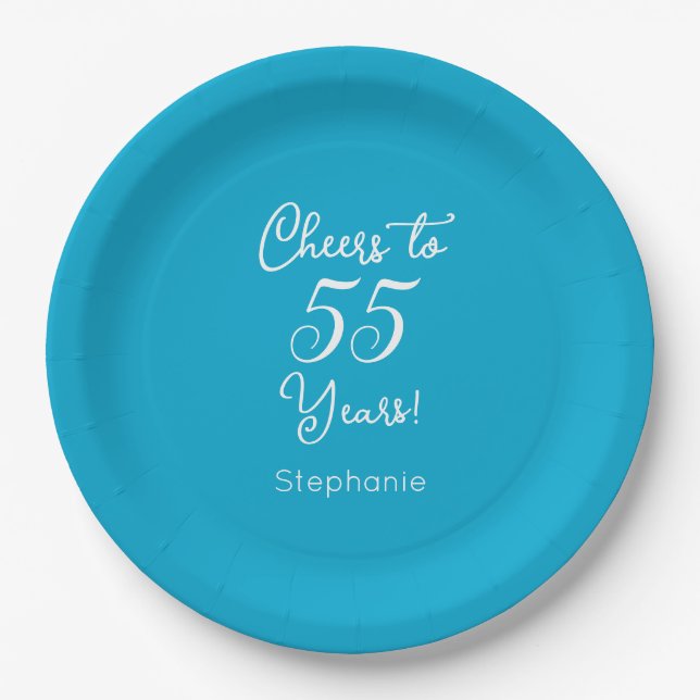 Elegant Aqua Blue Cheers to 55 Years 95th Birthday Paper Plates (Front)