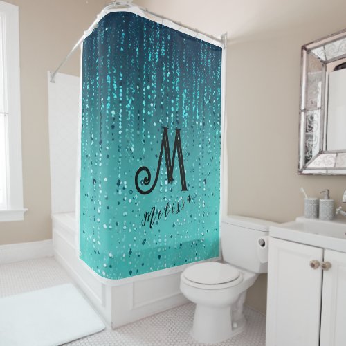 Elegant Aqua Blue Costum Monogram Name Glitter Shower Curtain