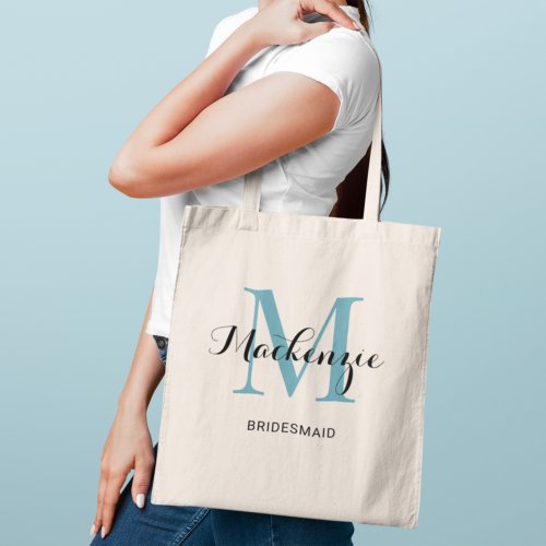 Elegant Aqua Blue Custom Wedding Bridesmaid Name Tote Bag