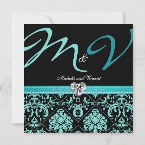 Elegant Aqua Blue Damask Wedding Invites