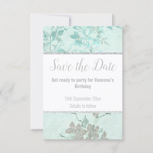 ELEGANT AQUA BLUE FLORAL SILVER GLITTER RSVP CARD