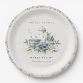 Elegant Aqua Blue floral Teapot Cup Bridal Shower Paper Plates (Front)