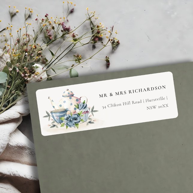 Elegant Aqua Blue floral Teapot Cup Cake Address Label (Creator Uploaded)