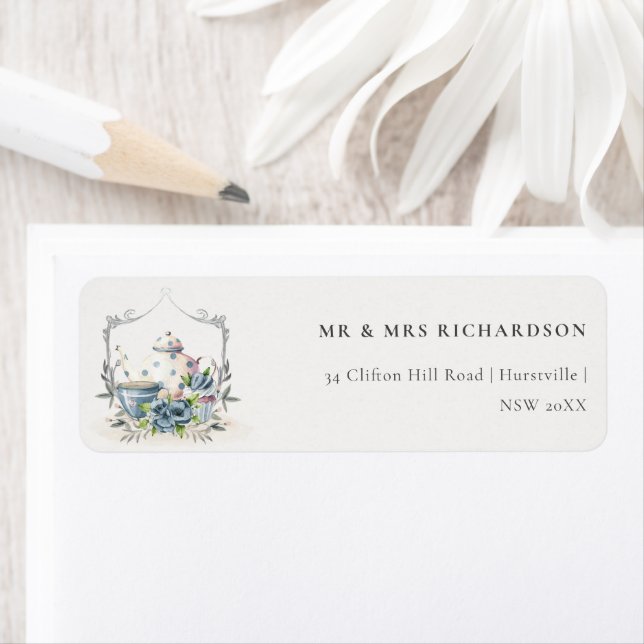 Elegant Aqua Blue floral Teapot Cup Crest Address Label (Insitu)