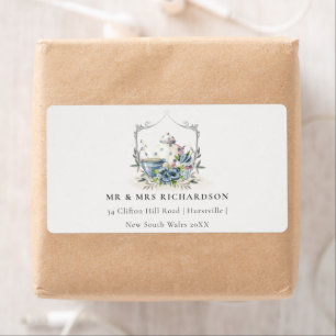 Elegant Aqua Blue floral Teapot Cup Crest Address Label