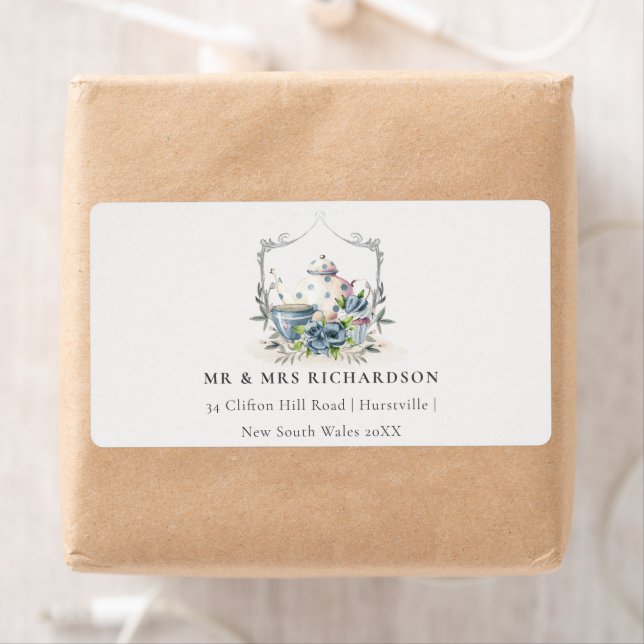 Elegant Aqua Blue floral Teapot Cup Crest Address Label (Insitu)