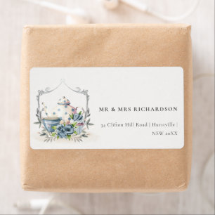 Elegant Aqua Blue floral Teapot Cup Crest Address Label