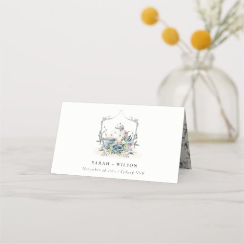 Elegant Aqua Blue floral Teapot Cup Crest Wedding Place Card