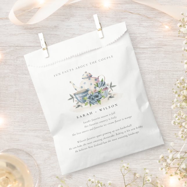 Elegant Aqua Blue Floral Teapot Fun Facts Wedding Favor Bag (Clipped)