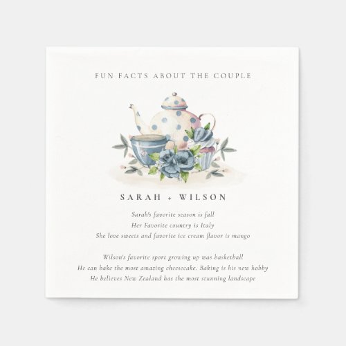 Elegant Aqua Blue Floral Teapot Fun Facts Wedding Napkins