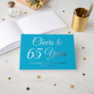 Elegant Aqua Blue Foil Cheers to 65 Years Guest Book