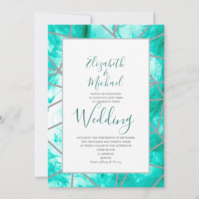 Elegant Aqua Blue Geometric Formal Wedding Invitation (Front)