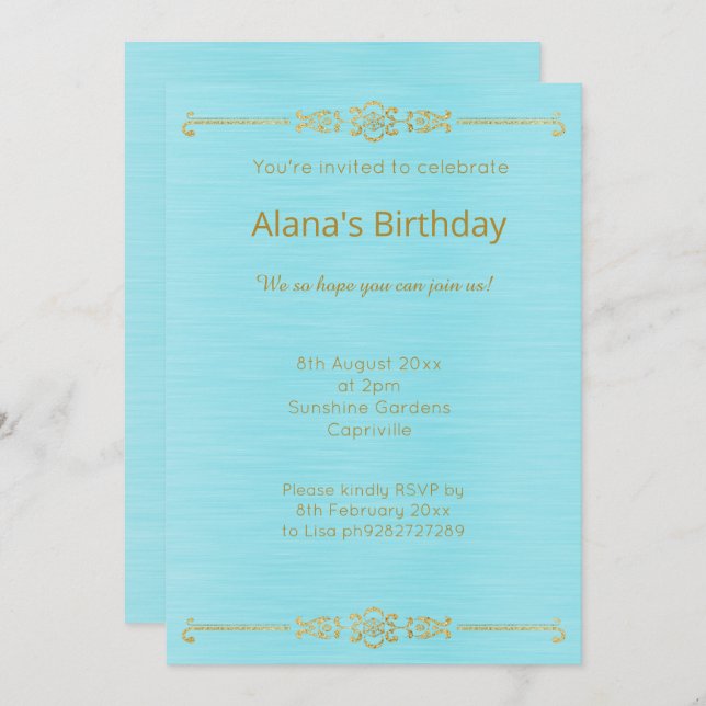 ELEGANT AQUA BLUE GOLD BORDER INVITATION (Front/Back)