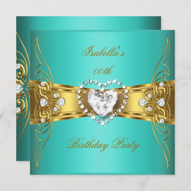 Elegant Aqua Blue Gold Diamond Image Invitation (Front/Back)