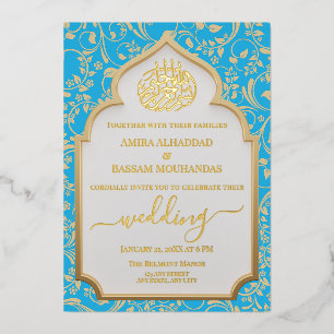 Elegant Aqua Blue & Gold Real Foil Islamic Wedding Invitation